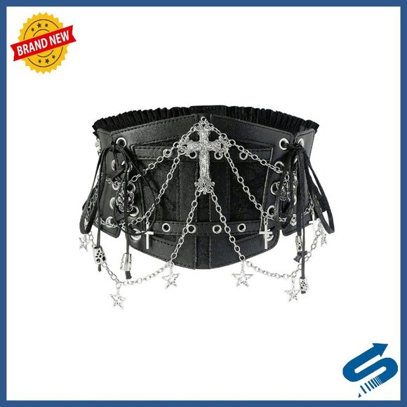 Faux Leather Corset Belt with Chain Cross Lace Up Elastic Waist main image 7